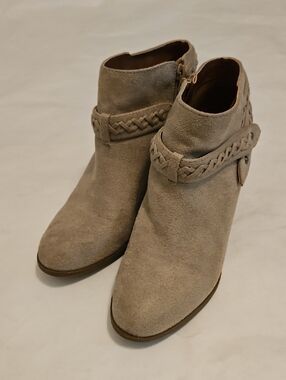 Indigo Taupe Suede Braided Strap Ankle Booties